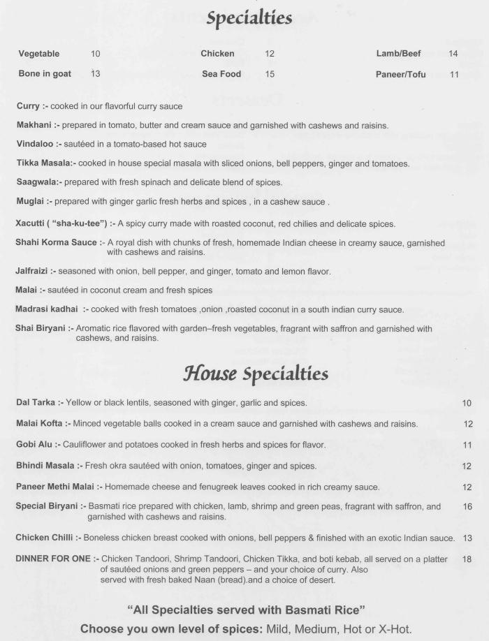Flavors Indian's Menu, in Canandaigua, NY